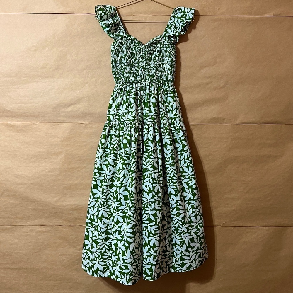 Abercrombie & Fitch Ruffle Strap Smocked Midi Dress Tiered Green Floral Size XS